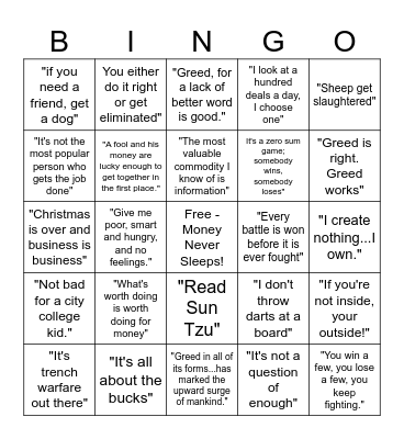 Gordon Gekko's Quotes Bingo Card