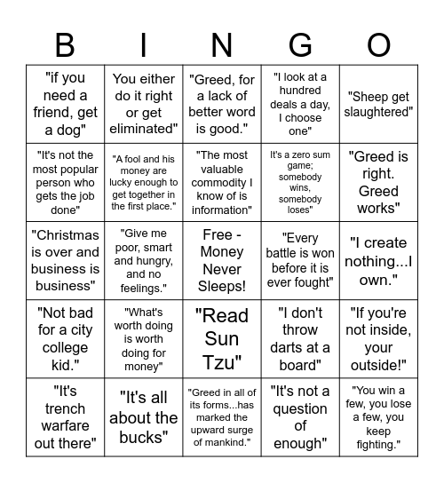 Gordon Gekko's Quotes Bingo Card