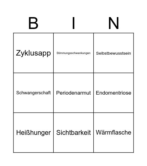 Menstruation Bingo Card