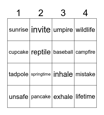 2 Syllable Words Bingo Card