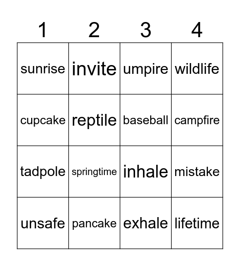 2 Syllable Words Bingo Card