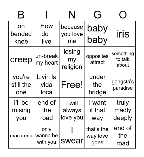 90's Pop Hits Bingo Card