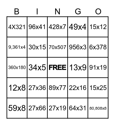 MULTIPLICATION MADNESS Bingo Card