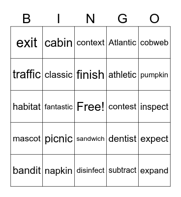 Closed Syllables Bingo Card