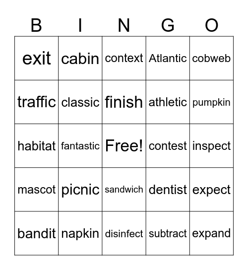 Closed Syllables Bingo Card