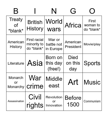 Today in History bingo Card