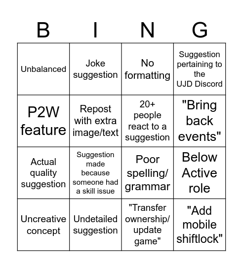 UJD Suggestions Bingo Card
