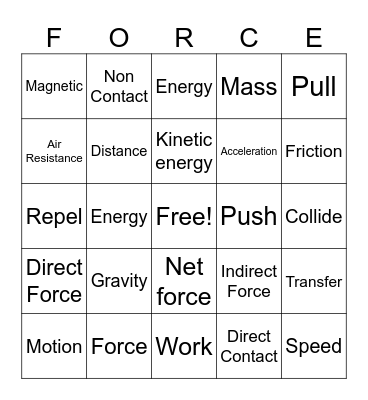 Force & Motion Bingo Card