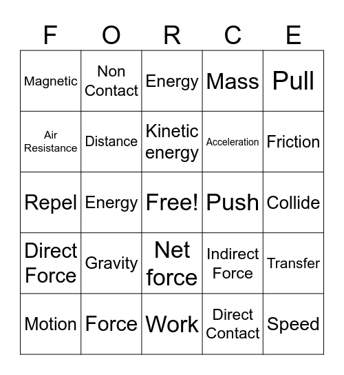 Force & Motion Bingo Card