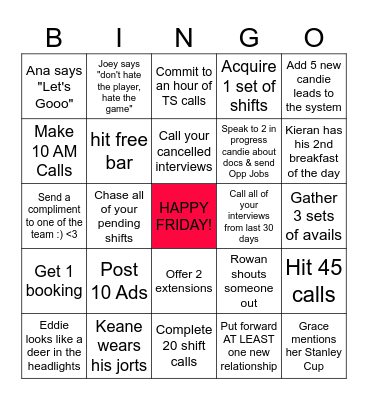 Friday Frenzie Bingo Card