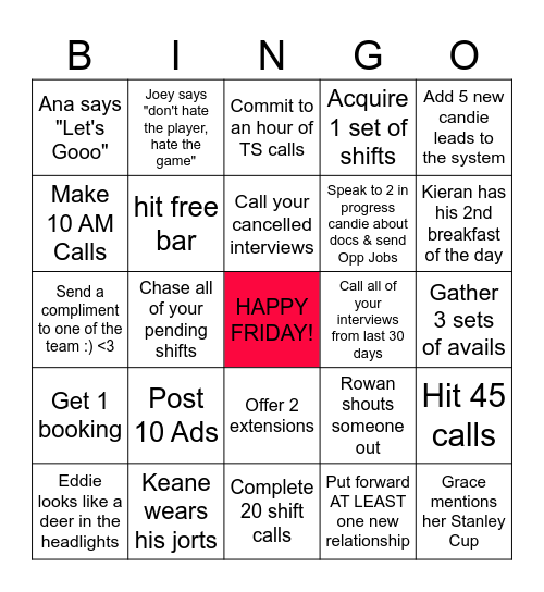 Friday Frenzie Bingo Card