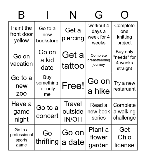 Bucket List Bingo Card