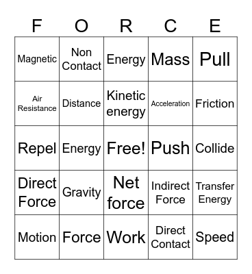 Force & Motion Bingo Card