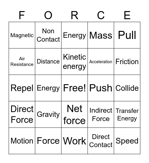 Force & Motion Bingo Card