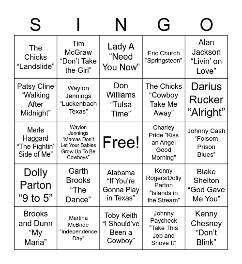 Top Country Hits Bingo Card