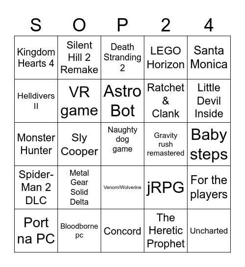 State of Play PlayStation 2024 Bingo Card