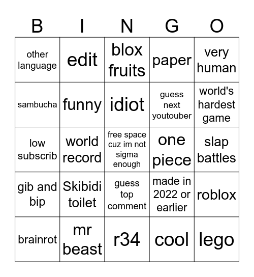 you toob bingo Card