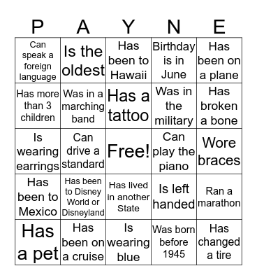 Payne Family Bingo Card