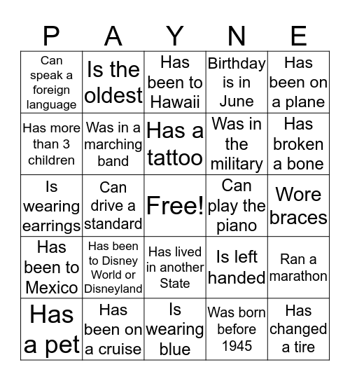 Payne Family Bingo Card