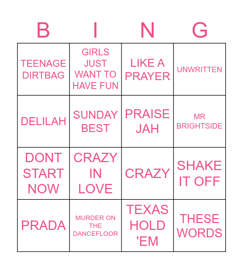 MUSIC BINGO Card