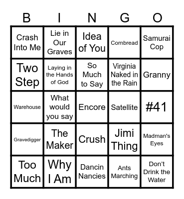 DMB concert Songs Bingo Card