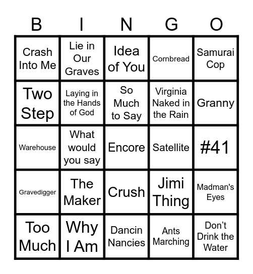 DMB concert Songs Bingo Card