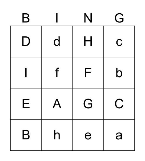 Letters Aa-Ii Bingo Card