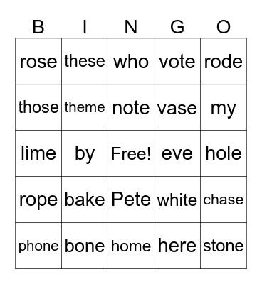 Magic E Review Bingo Card