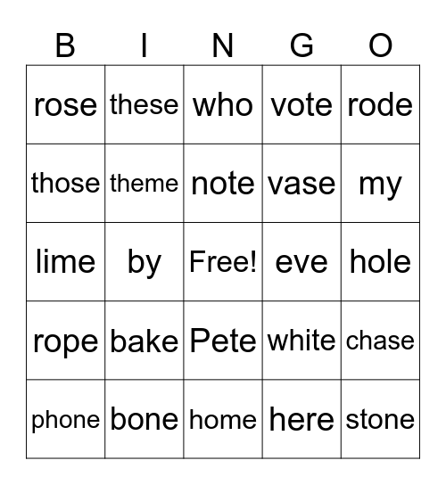 Magic E Review Bingo Card