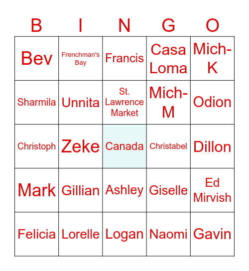 Felicia's visit to Canada Bingo Card