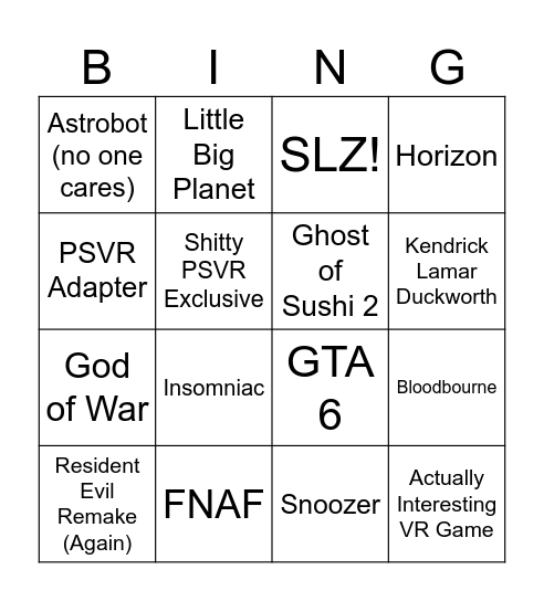 Playstation State Of Play Bingo Card