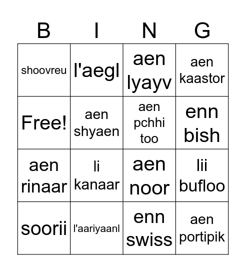 Michif Animals Bingo Card