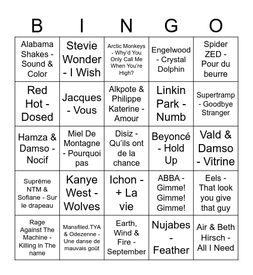 Bingo Blind Test Bingo Card
