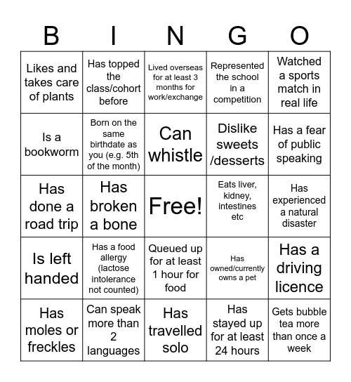 Get to know the other campers Bingo Card