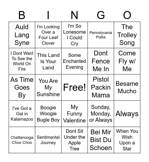40s Music Bingo Card