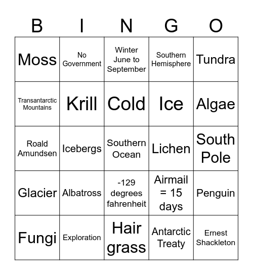 Antarctica Bingo Card