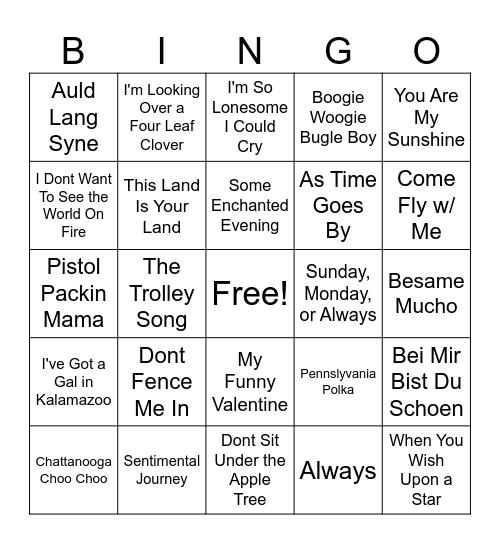 40s Music Bingo Card