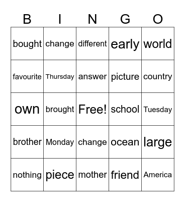 Trick Word Bingo Card