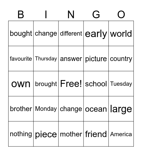 Trick Word Bingo Card