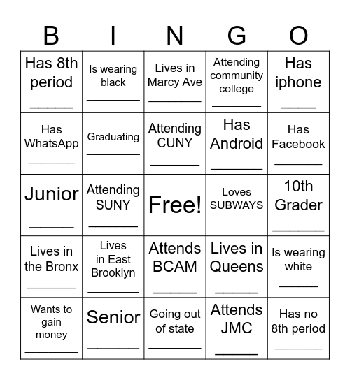 SYEP Bingo Card