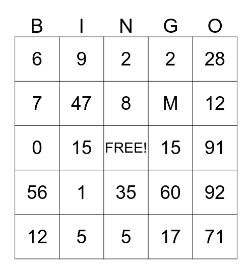 Number Bingo! Bingo Card