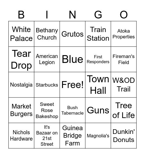 Purcellville Walking Tour Bingo Card