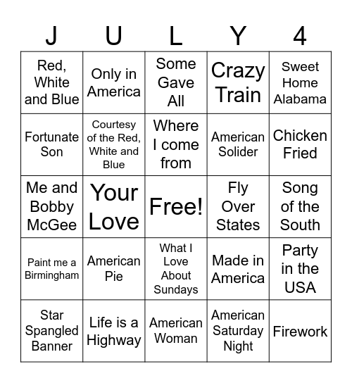 All American Bingo Card