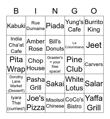 Charito & Lindsey's Dayton Food Recommendation Bingo Card