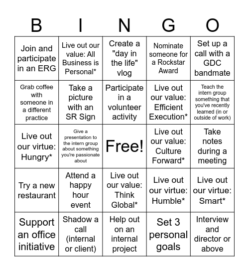 Internship Bing Bingo Card