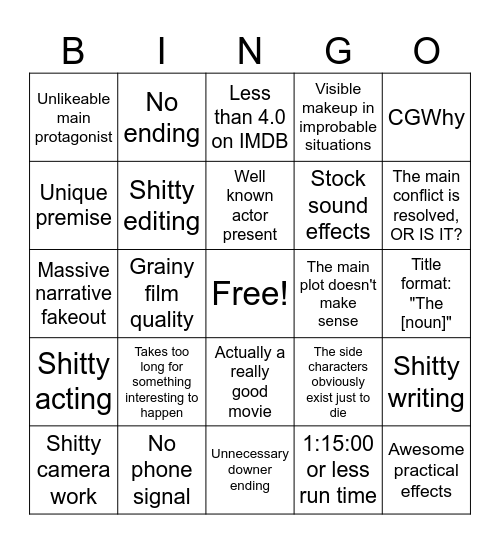 Indie Horror Bingo Card