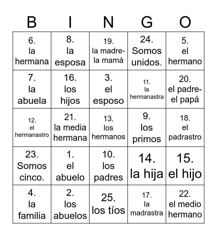 Capítulo 6: la familia Bingo Card