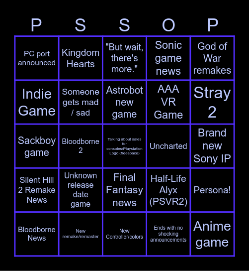 Playstation State of Play bingo card Bingo Card