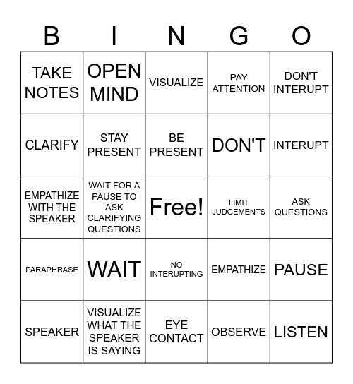 ACTIVE LISTENING Bingo Card