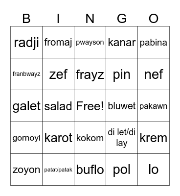 Michif French Bingo Card